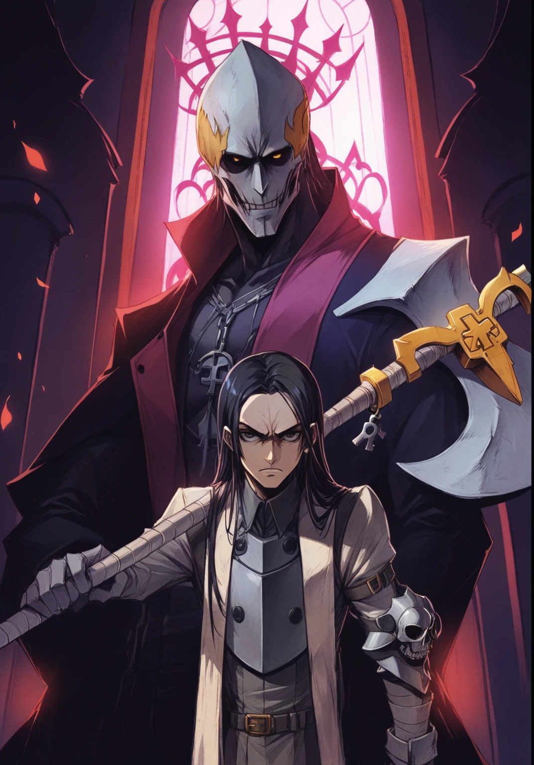 anime character with sword and armor standing in front of stained window, key art, krenz cushart and wenjun lin, style of duelyst, guilty gear art direction, 8 k hd wallpaperjpeg artifact, 8k hd wallpaperjpeg artifact, jazza and rossdraws, high detailed official artwork, from overlord, alucard