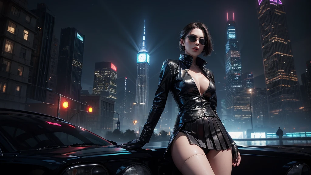 (Wide angle view). Matrix film inspired 1930s New York city, simple outlined neon tall buildings, glowing giant clock tower, cars, lightning, 3D rendering Beeple, Matrix-like glowing cascading code. At night, (1girl, solo, alone), photorealistic, medium-breast slim:0.6 body, oval:0.5 face, cleavage:1.1, sexy costume with deep-v, very low angle view of pleated miniskirt, white laced panty, ((upskirt)), glove, (Matrix style black micro sunglasses), ((aiming viewer with a short gun)), (half-body thigh level close-up shot), cinematic lighting, ray tracing.