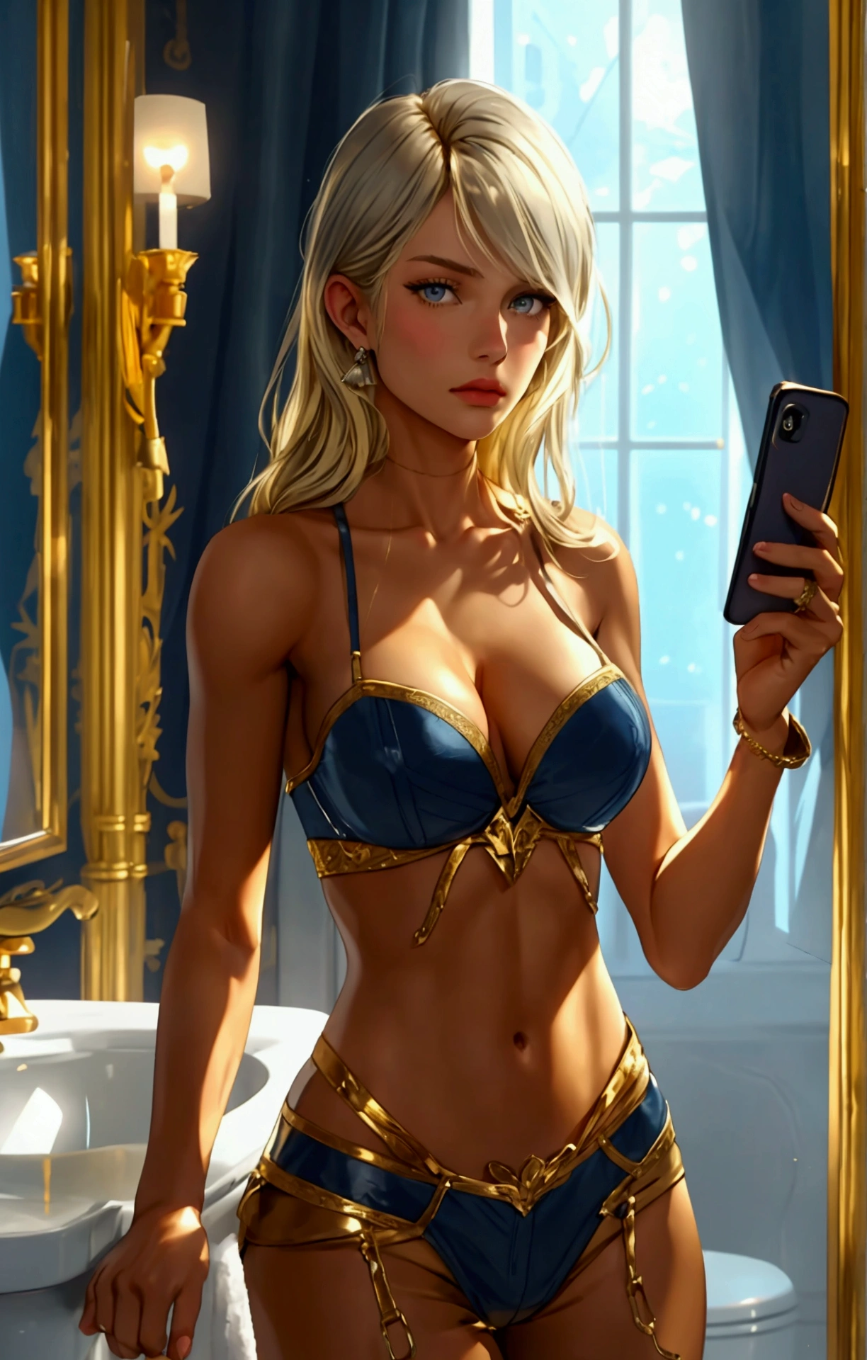 A twenty-something woman who has blonde hair, grey eyes, golden skin, full lips, and an hourglass physique. She is wearing a blue bralette and navy biker shorts. She is standing in a luxury bathroom, holding a phone while looking into a mirror.