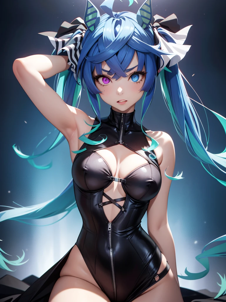(masterpiece、top-quality、hight resolution、Unity 8k、extremely details CG:1,Best Picture), Twin_Turbo_Umamusume, aqua hair, twintails, heterochromia, purple eyes, blue eyes, sharp teeth, horse's ear, "A porn star with a small bust, confidently posing in a stylish, revealing outfit. She has a slender figure and exudes self-assurance despite her small chest. Her makeup is perfectly applied, and her expression is one of playful allure. The background is simple, focusing attention on her as she embraces her unique beauty with confidence and charm." nsfw