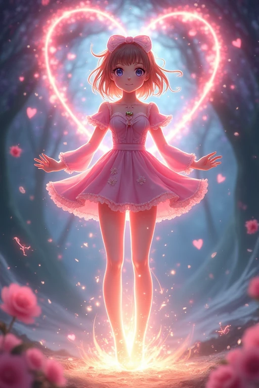((best quality)), ((masterpiece)), (detailed), A magical girl drinks a growth potion and her legs become thicker, more beautiful, longer and longer. Heart effect around the magical girl's legs. Growing in progress.