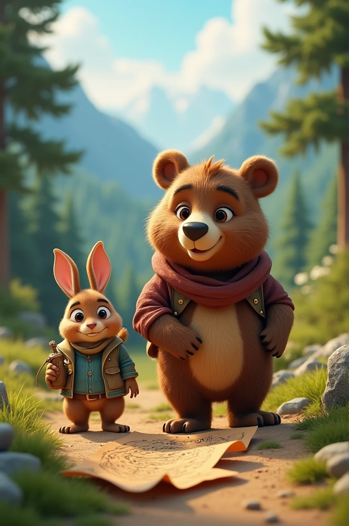Need 3D animation style"**Hidden Treasure Adventure:** Write about a duo of unlikely friends bear and rabbit who discover a mysterious map leading to a hidden treasure. Describe their journey and the obstacles they overcome together.