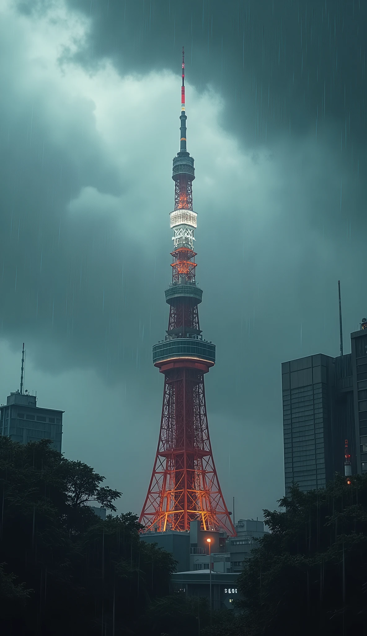 Tokyo Tower、typhoon、heavy rain、Cloudy