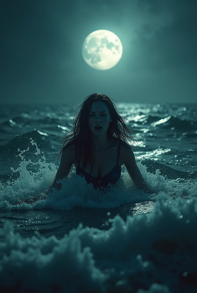 A woman in the middle of de ocean at night, drowning and panicking