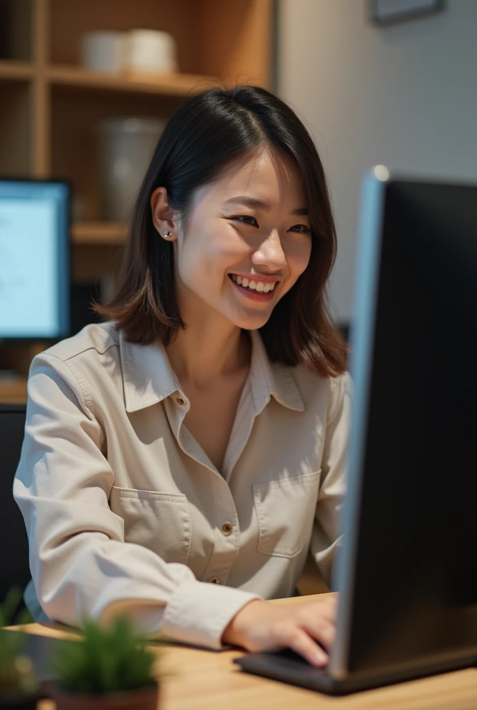 Asian woman happily doing web design on a computer