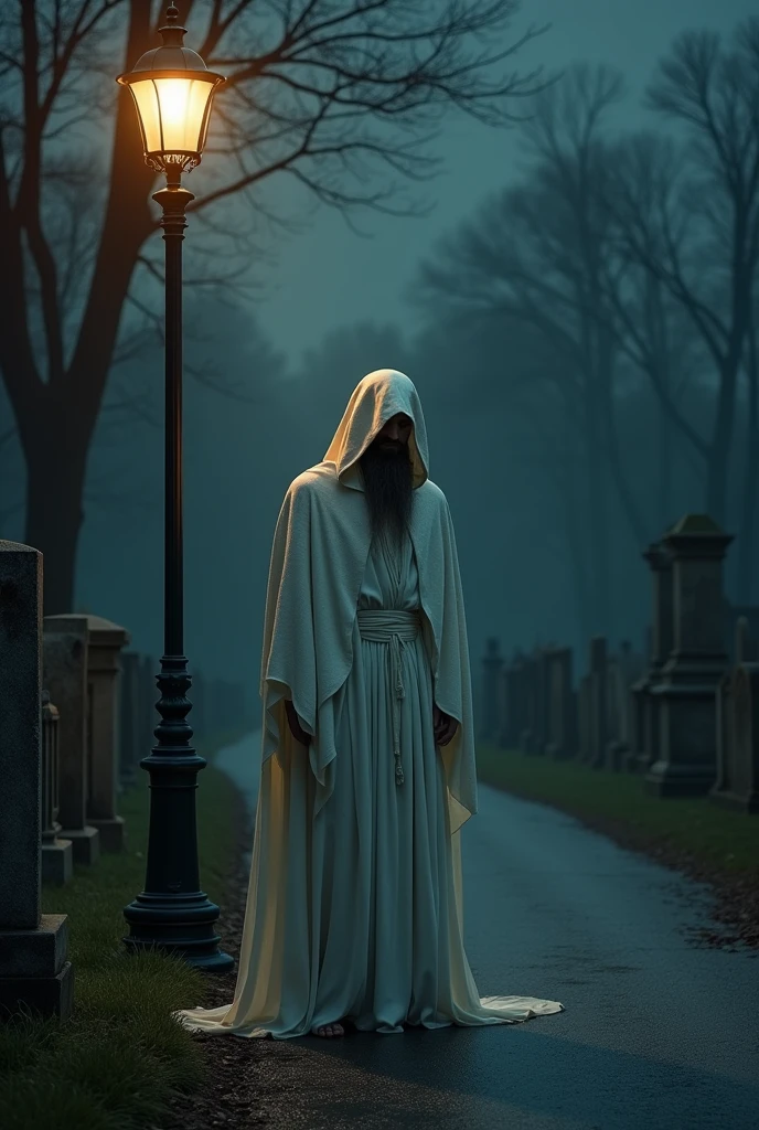 A tall man in a white robe stands under a street lamppost one night. The cemetery is on the side of the road