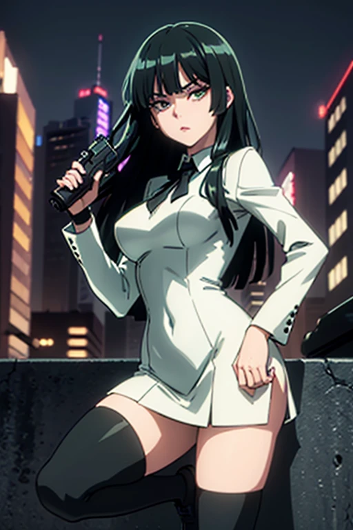 Highest quality、Ultra HD、One Woman、(Dark green long hair 1.3)、(White Suit 1.3)、(White tight skirt 1.3)、(Black tie)、(Black loafers 1.1)、((tall))、((1 who has a gun.2))、(Large Breasts)、(Black knee-highs 1.2)、(Beautiful face with sharp eyes 1.2)、40-year-old woman、Slender body、(Night city background 1.2)、((Clear and beautiful touch))