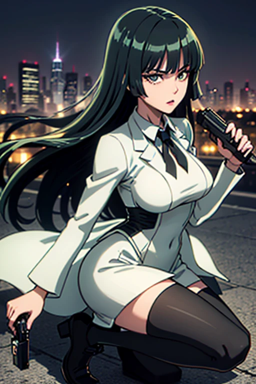 Highest quality、Ultra HD、One Woman、(Dark green long hair 1.3)、(White Suit 1.3)、(White tight skirt 1.3)、(Black tie)、(Black loafers 1.1)、((tall))、((1 who has a gun.2))、(Large Breasts)、(Black knee-highs 1.2)、(Beautiful face with sharp eyes 1.2)、40-year-old woman、Slender body、(Night city background 1.2)、((Clear and beautiful touch))