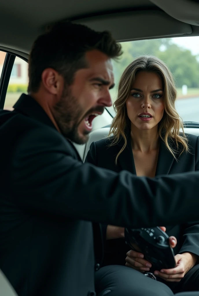 Image of a man with a shocked expression, suddenly stopping the car. His face should convey surprise and anger, while the woman remains calm and composed. Make hyper realistic,4k and make it more real, both of them wearing black, make them look like the previous generated image 
