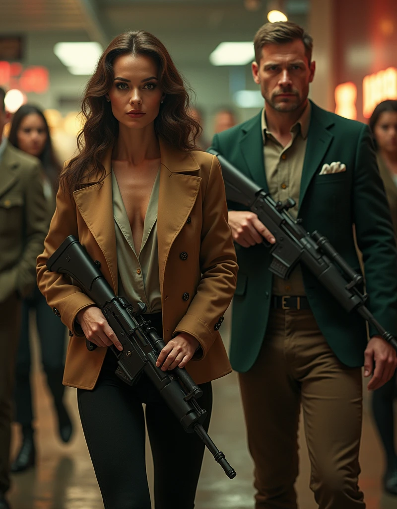 Bonte－The fashionable woman of 007 steps forward to protect, (1 man and 1 woman is existence), ((super photographic, superrealism)), Profile , running scene , Bond boy  help 007, in strip show shop,  sole, (1 Scottish boy,  brown hair, short cut, Serious)  (green brazer, brown pants, brown shoes ) ,hold MG 42 machine Gun,  ((super detail, high details, high quality, accurate, anatomically correct, textured skin, beautiful fingers super detail, high details, high quality, best quality))