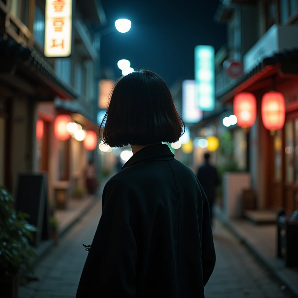 "Photo taken from behind of a young Korean woman with short bobbed hair, dressed elegantly, seen from the back on a Korean street at night, evoking a sense of travel."