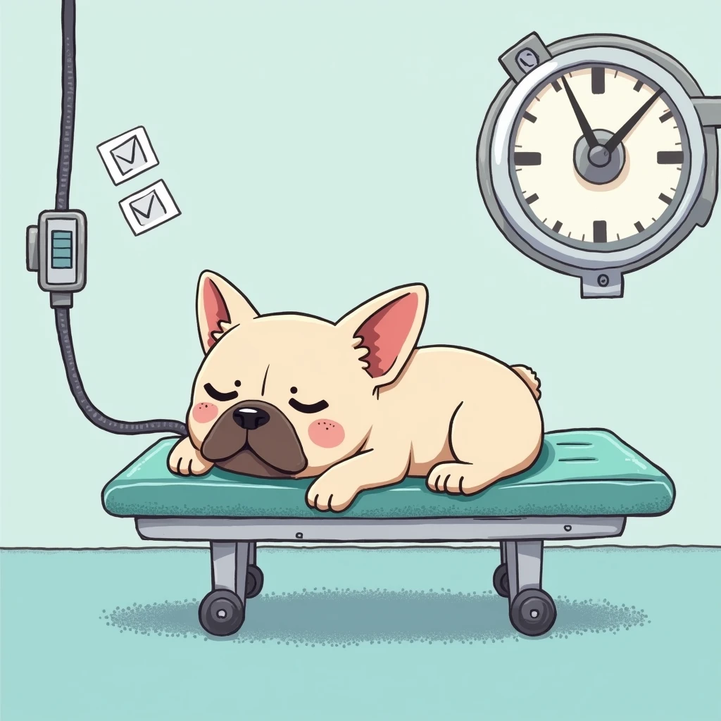 Chibi Style, dot halftone, Flat Color, French bulldog sleeping under anesthesia,Sleeping in the operating room,Calm expression,The ventilator is connected