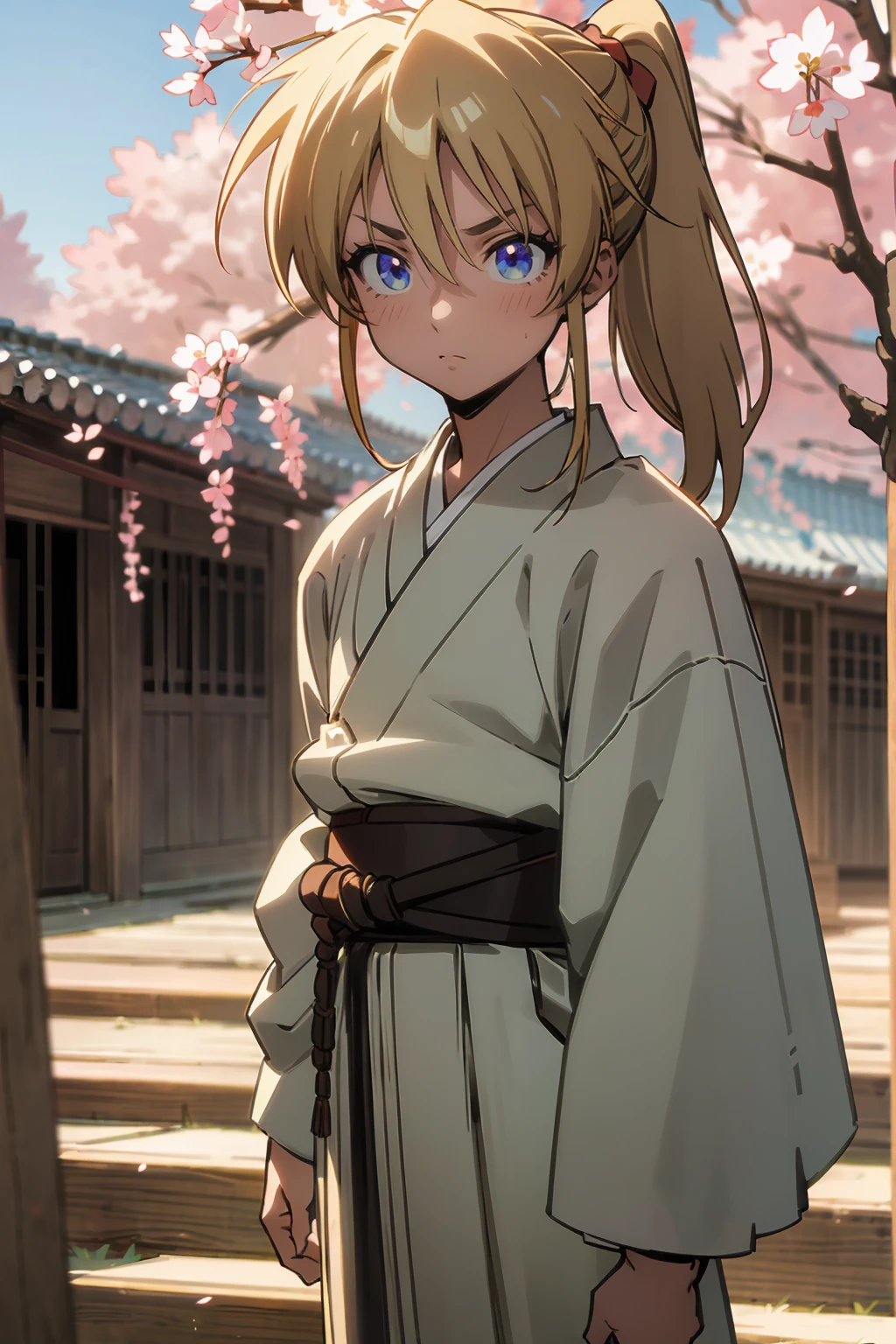 masterpiece quality, perfect generation, sclera, detailed eyes, skin, blonde pony tail , Muscular, green haori, bored expression, , cherry blossom , full body, tanned skin, two toned white highlighted hair, teen, feudal town background , female, facing viewer, standing outside,