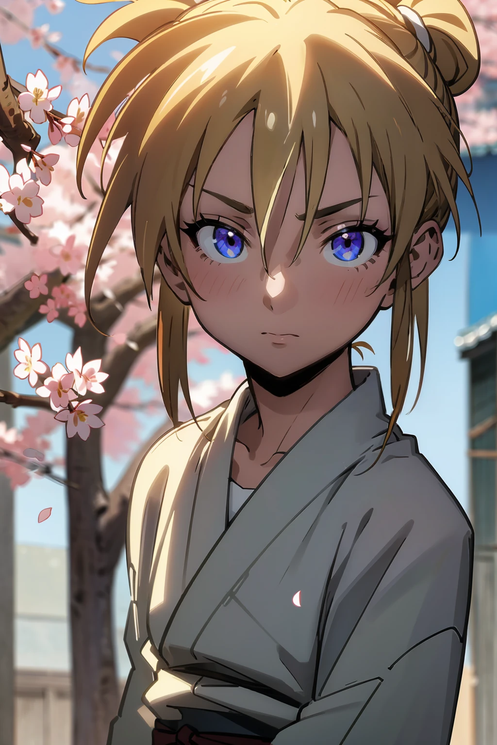 masterpiece quality, perfect generation, sclera, detailed eyes, skin, blonde pony tail , Muscular, green haori, bored expression, , cherry blossom , full body, tanned skin, two toned white highlighted hair, teen, feudal town background , female, facing viewer, standing outside,