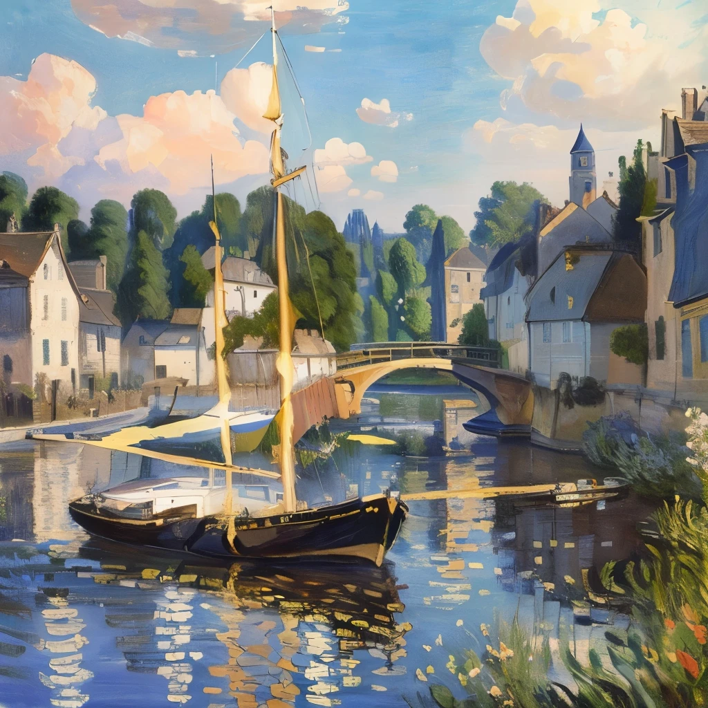 Painting of a river boat with a bridge in the background, inspired Alfred Sisley, Monet&#39;s Style, Painted by Monet, Alfred Sisley, Claude Monet), Charles Monet, Inspired by Edouard Detail, Monet style, Monet's paintings, Inspired by Konstantin Korovin, Claude Monet, by Claude Monet, style of Claude Monet