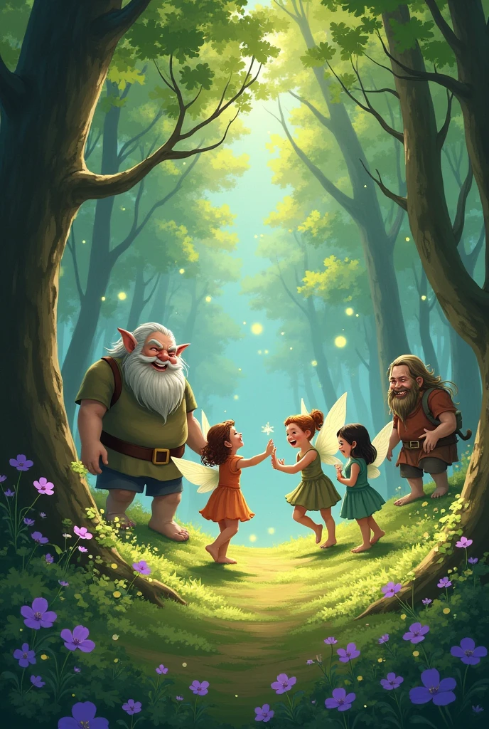 children, Happy fairies and ogres in a clean forest with purple flowers