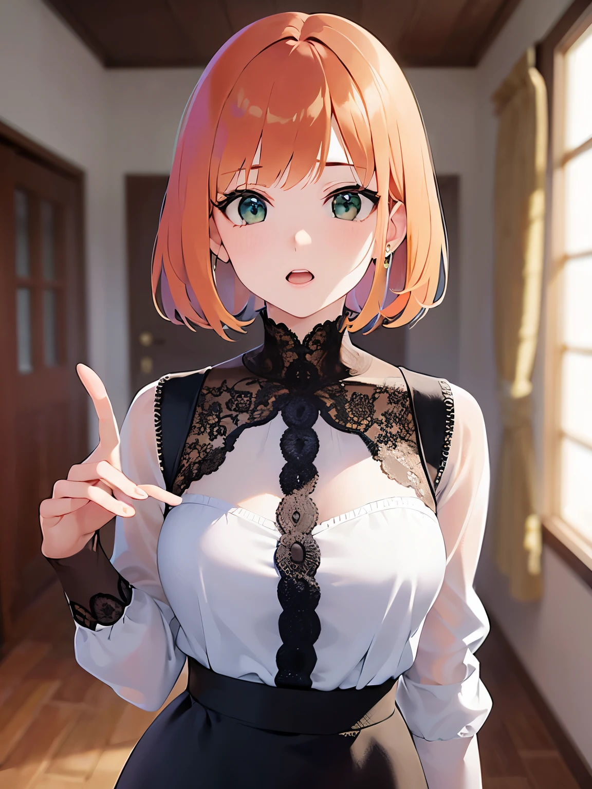 pointing, Biologically correct five fingers、Upper Body, Realistic, real person, (pale skin: 1.2), RAW photo, photorealistic, shiny skin, shiny hair、(A 2 woman with a bob cut and bangs) and (wavy hair) and (orange Hair) and (green eyes) , Wearing a white blouse 、(surprised:1.2), The background is the living room、alone、Are standing