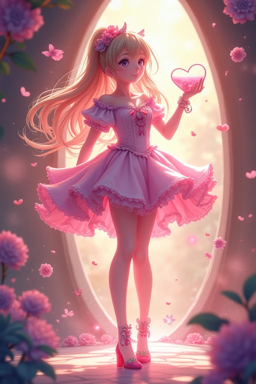 ((best quality)), ((masterpiece)), (detailed),   A magical girl drinks a growth potion and her legs become thicker, more beautiful, longer and longer. Heart effect around the magical girl's legs. Growing in progress.