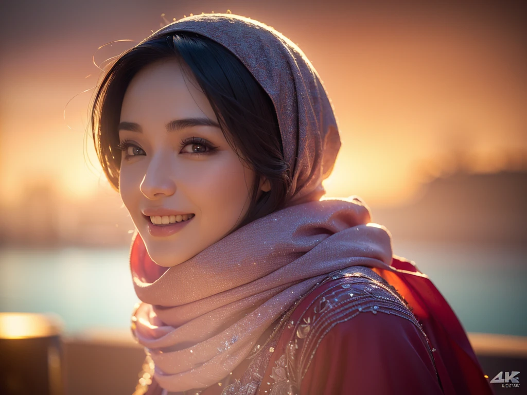 1girl, gorgeous Indonesian woman, silk abaya, hijab, smiling, shy, opened mouth, visible teeth, hot mom, full body portrait, (best quality,4k,8k,highres,masterpiece:1.2),ultra-detailed,(realistic,photorealistic,photo-realistic:1.37),HDR,UHD,studio lighting,ultra-fine painting,sharp focus,physically-based rendering,extreme detail description,professional,vivid colors,bokeh,portraits,warm color tones,dramatic lighting