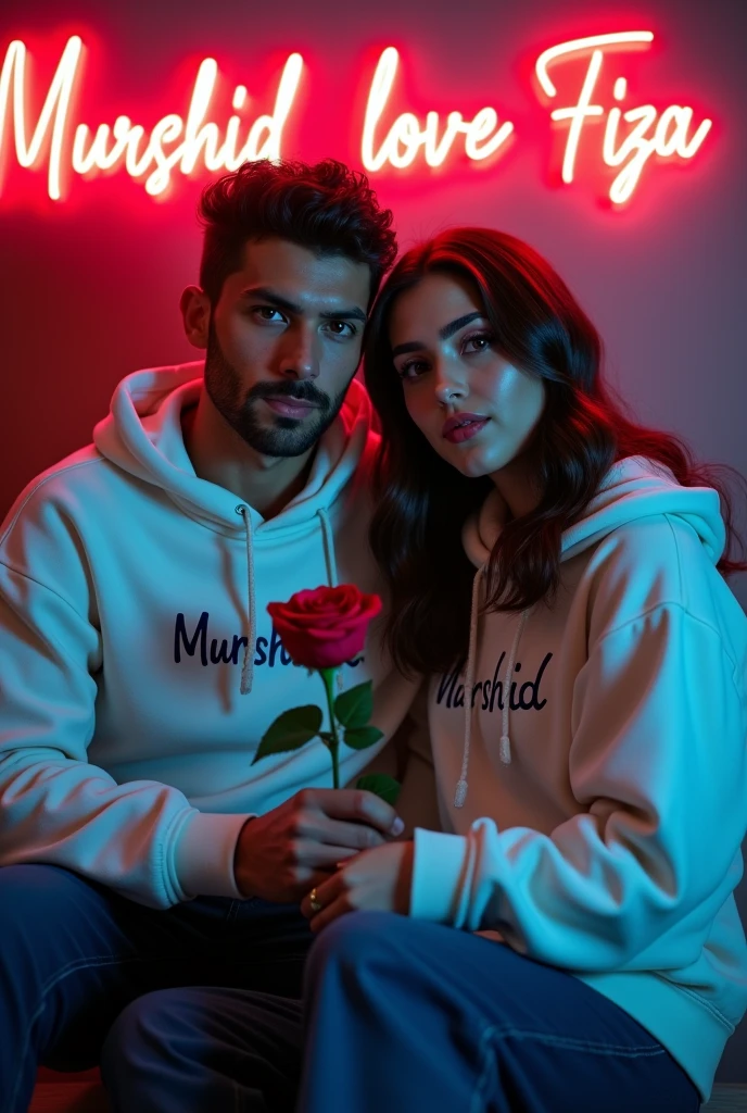 A 4k quality highly detailed Realistic portrait  camera facing Handsome 28 year guy  White Hoodie with 30 year beautiful mature women in a White Hoodie, the girl has a red rose flower in her hand and is sitting on down floor, with romantic mode, no smile, written text "Murshid" in the boy hoodie and "Fiza" in the women hoodie, and Murshid love Fiza is written on the neon light tubes  wall with neon  text behind.  