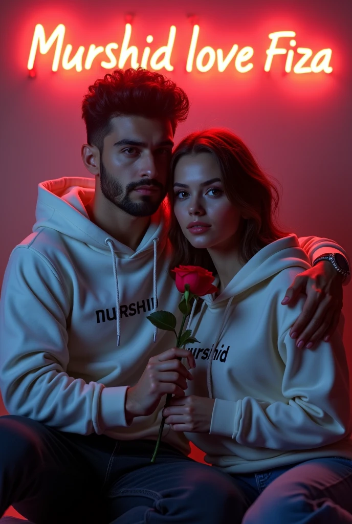 A 4k quality highly detailed Realistic portrait camera facing Handsome 28 year guy White Hoodie with 30 year beautiful mature women in a White Hoodie, the girl has a red rose flower in her hand and is sitting on down floor, with romantic mode, no smile, written text "Murshid" in the boy hoodie and "Fiza" in the women hoodie, and Murshid love Fiza is written on the neon light tubes wall with neon text behind.