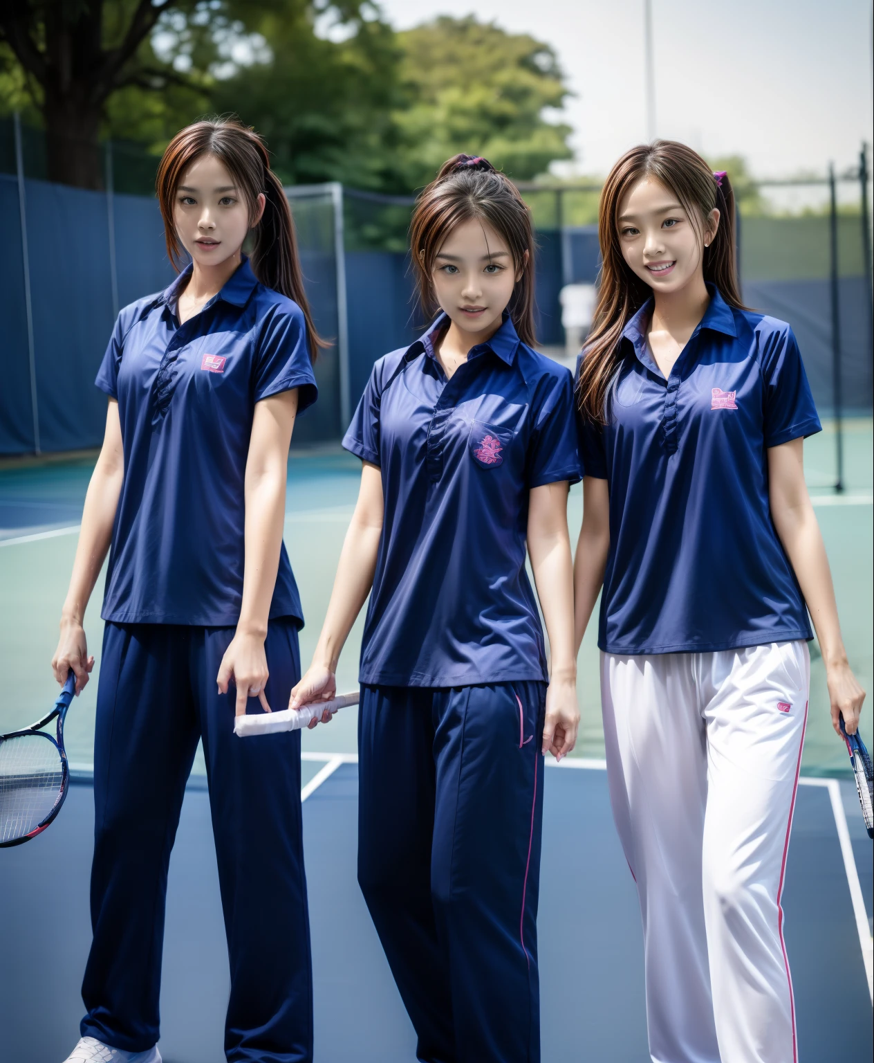 3 girls play tennis at tennis courts, Navy blue short-sleeved shirt,Navy Long Trackpant,Sweatpants, Sweatpantsขายาว,2 girl, lesbian, sexy, exercise clothes, wet body, exercise clothes