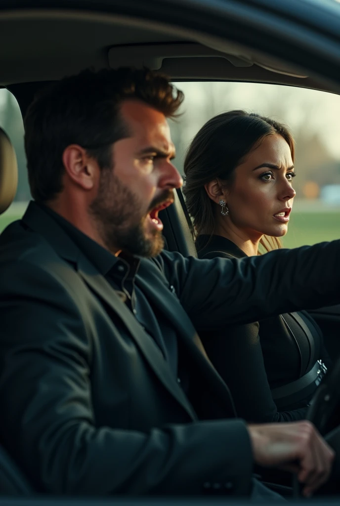 Image of a man with a shocked expression, suddenly stopping the car. His face should convey surprise and anger, while the woman remains calm and composed. Make hyper realistic,4k and make it more real, both of them wearing black, make them look like the previous generated image
