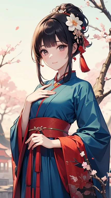 ((Highest quality, 8k, masterpiece: 1.3)), Sharp focus Beautiful woman with perfect body, Slim abdomen, Highly detailed face and skin texture, Detailed eyes, Chinese traditional clothing, Hanfu, Ancient Chinese Princess, red, Hair ornament studded with small jewels, Slender body, Place your hand on your chest, ((Plum blossoms are blooming in the background)),背景はautumnの景色,autumn