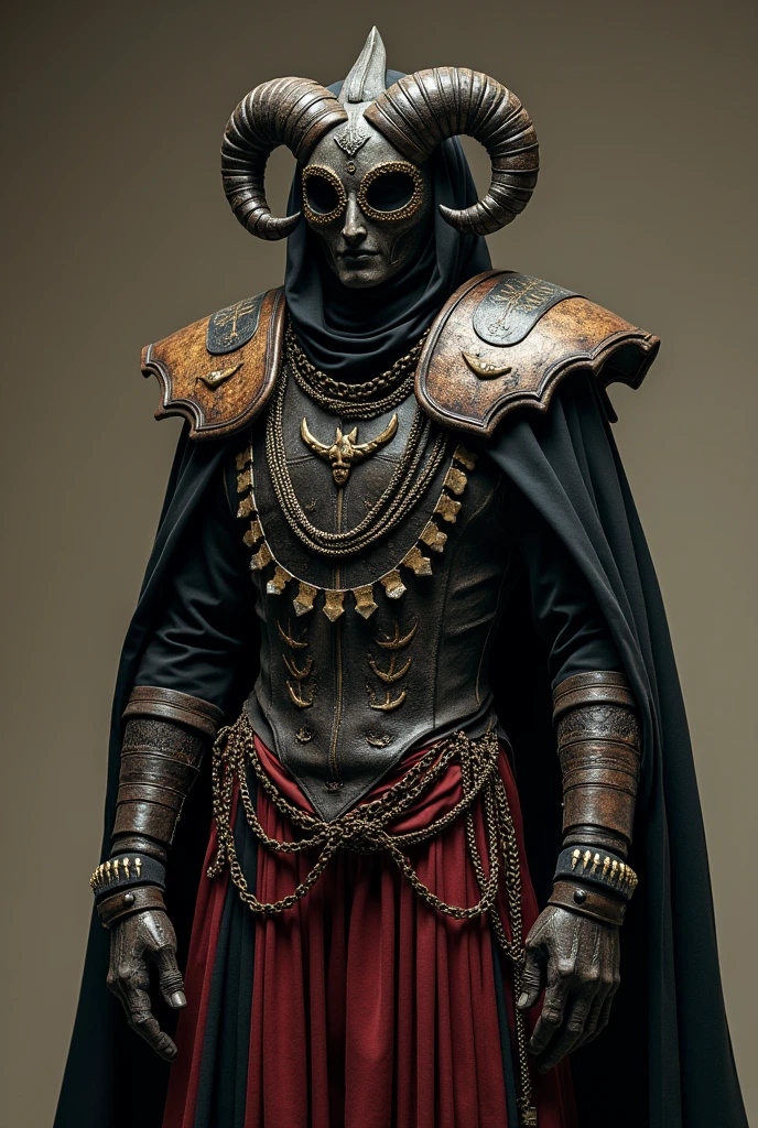 metal band costume inspired by the god baal with shoulder pads in dark brown, black, dark grey, dark red, chains, straps, symbols or accessories of baal worship, clothing or fabrics, leather, silk, thick fabrics, fabrics that give the impression of something ancient, earthly, pagan, anti-religious, transgressive, also inspired by avant garde, death metal, torn fabrics, discolored fabrics, shoulder pads, torn and distressed, Symbolism of Baal, Accessories, Masks or helmets, dark shades, red black grey dark brown, shoulder pads,Cloaks or Tunics, crowns, rustic leather inspired clothing for metal band