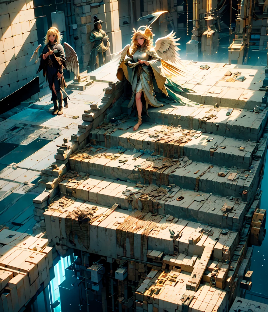 ((​masterpiece, best quality;1.3)), extremely detail, 8k Unity Wallpapers, CG, Illustration, colorful, Cinematic Shadow, Extremely detailed and beautiful background,vhd, VRay-Shader,RTX,(realisti:1.5),1 girl, alone, blond hair, Angel halo, white glowing skin, highly detailed pretty face, pretty face, angelic, goldfarbenes, detailed angel costume, glowing, glowing light, Angel woman holding big book, Looking up at the sky, Wings Angel, plumage