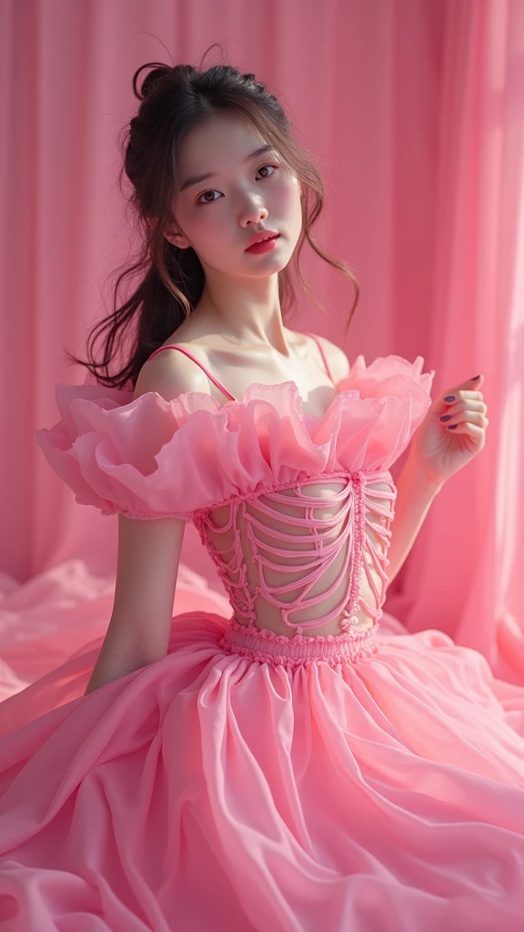araffe girl in a pink dress posing for a picture, ribcage, ((pink)), pink body, pink skin, ulzzang, bubblegum body, pink girl, by Russell Dongjun Lu, skeleton girl, some pink, inspired by Yanjun Cheng, smooth pink skin, trending on cgstation, 🌺 cgsociety, cai xukun, high quality, (RAW photo, best quality), (realistic, photorealistic: 1.4), (extremely delicate and beautiful: 1.4), amazing, fine details, masterpiece, ultra detailed, high resolution, best illustration, best shadow, intricate, ( extremely intricate: 1.2), (exquisitely detailed skin), cinematic light, perfect anatomy, (cool color: 1.4), sharp focus, 8k UHD, DSLR, (Fujifilm XT3),(fondo huesos de Esqueleto humanos :1.4),( tiene huesos visibles Esqueleto :1.4), (colores brillantes)