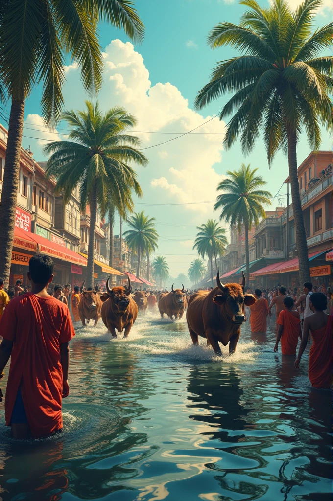 Generate an image of traditional madras which contains jalli kattu, flood and people helping each other. I want it as poster with the title of traditional madras