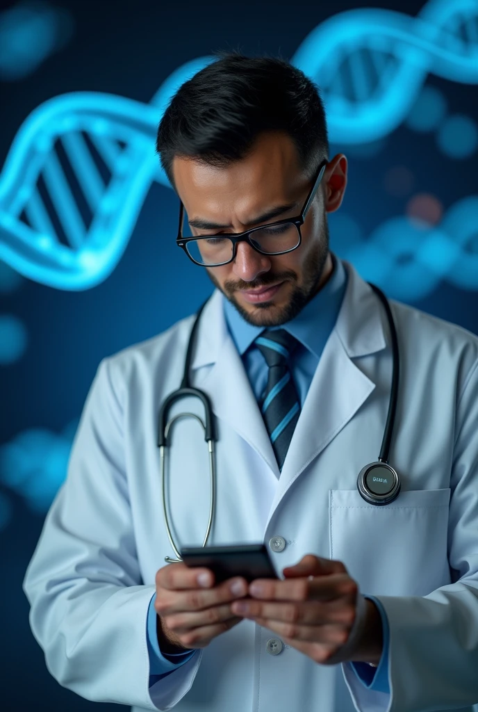 Doctor wearing white coat Working on checking Pen drive On Which DNA Image is printed and also with background with dna image asking to patients About it
