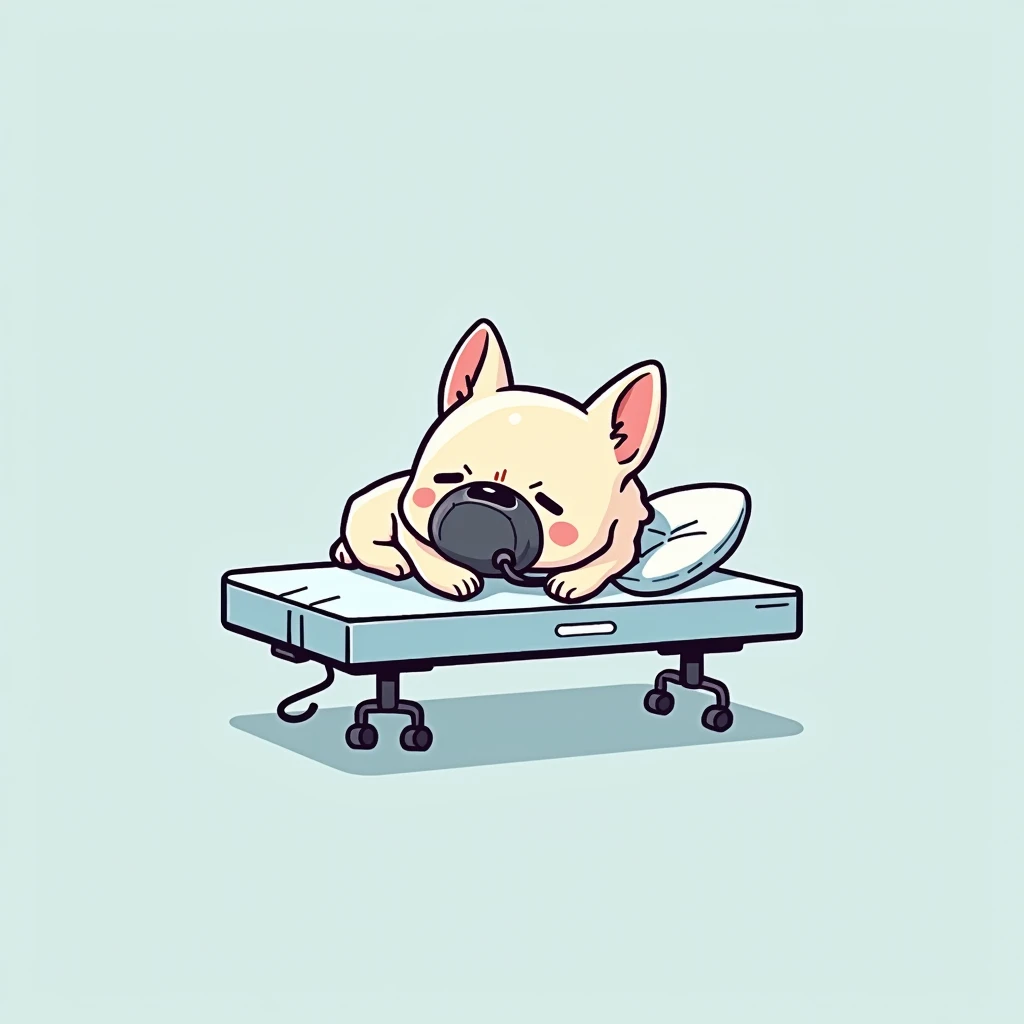 Chibi Style, dot halftone, Flat Color, French bulldog sleeping under anesthesia,Sleeping in the operating room,Calm expression,A respirator is connected to his mouth.