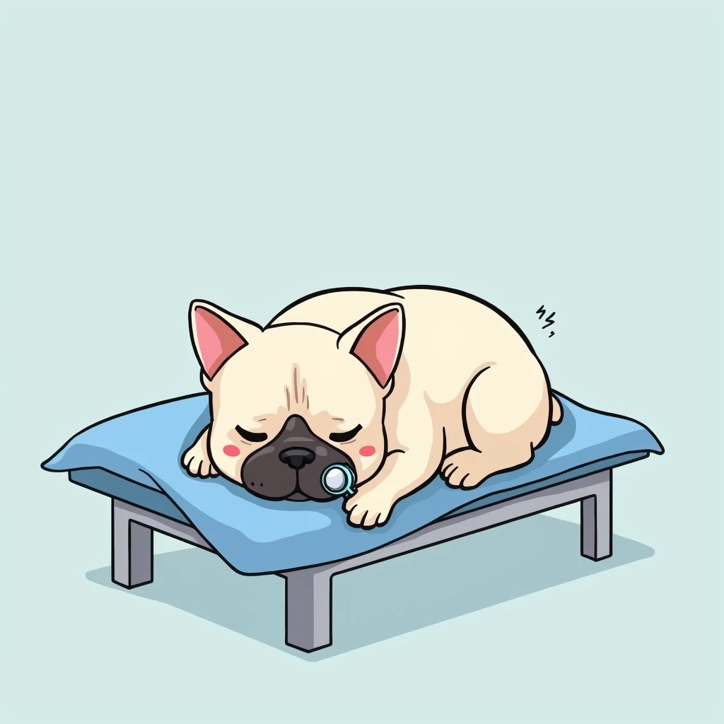 Chibi Style, dot halftone, Flat Color, French bulldog sleeping under anesthesia,Sleeping in the operating room,Calm expression,A respirator is connected to his mouth.