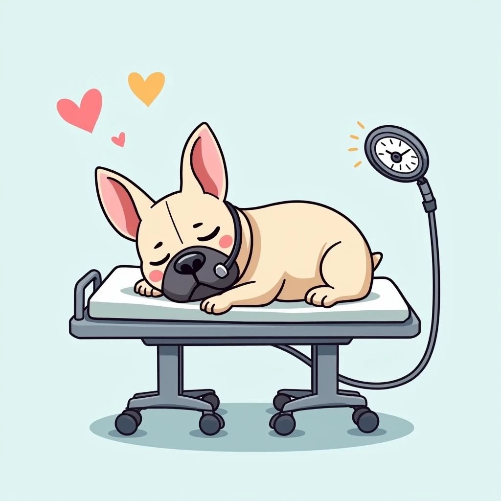 Chibi Style, dot halftone, Flat Color, French bulldog sleeping under anesthesia,Sleeping in the operating room,Calm expression,A respirator is connected to his mouth.