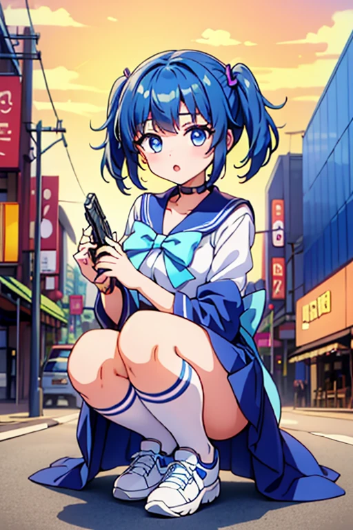 Highest quality、Ultra HD、One Woman、(Blue hair twintails 1.3)、(Sailor suit 1.3)、(Pink Ribbon)、(White sneakers 1.1)、((With a gun in each hand.5))、(Japanese Idol Faces 1.2)、(White over-the-knee socks 1.2)、Small breasts、(Daytime city background 1.2)、((Clear and beautiful touch))、(2 Asian female)