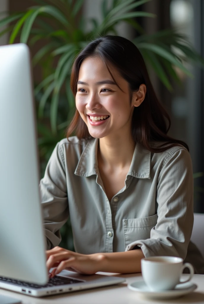 Asian woman happily doing web design on a computer