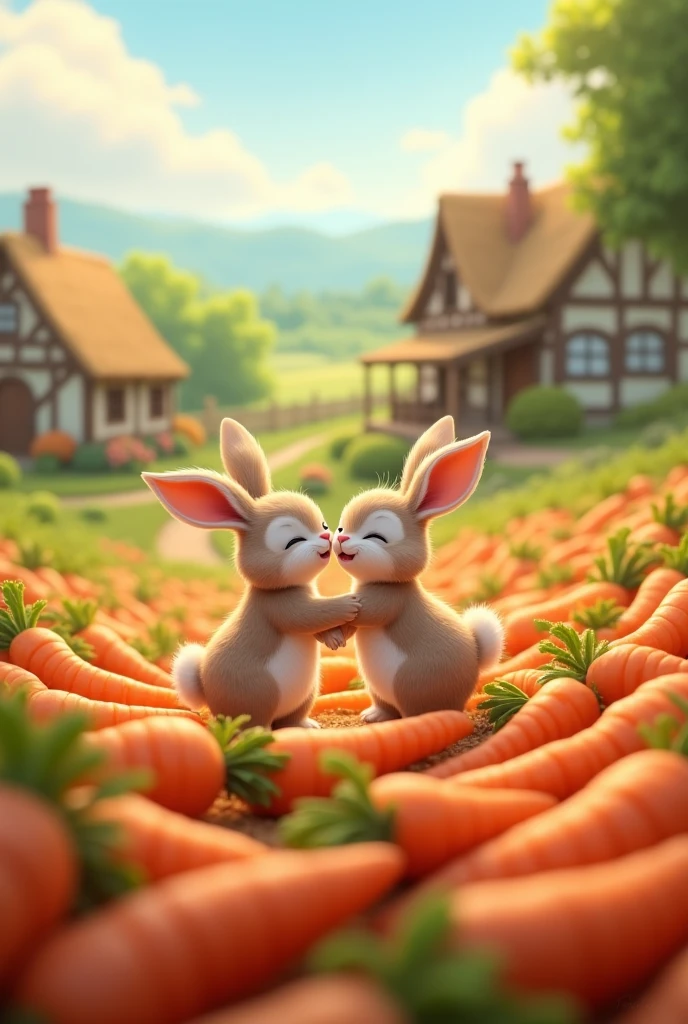 Animated rabbit couple in a carrot field and farm house