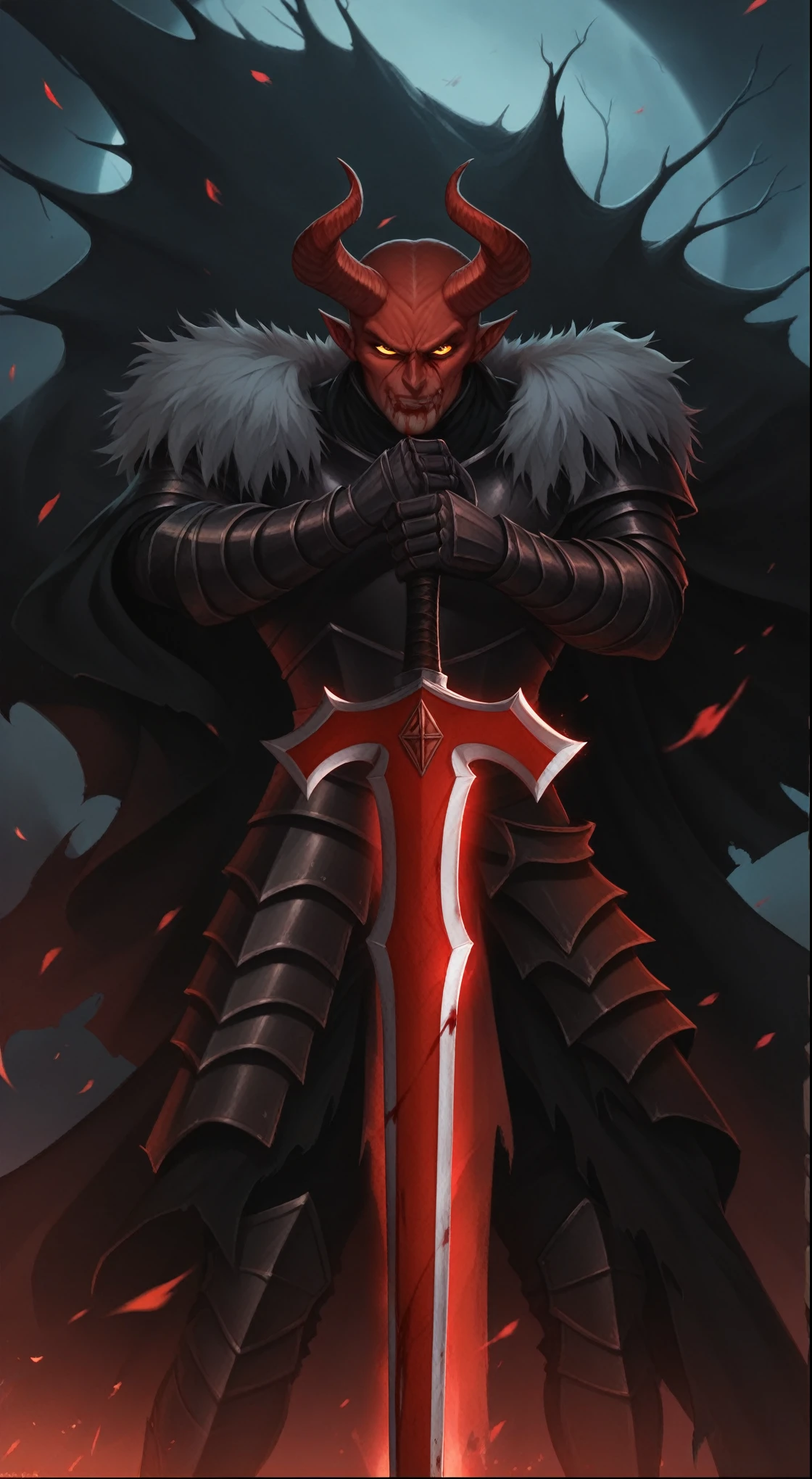 a close up of a person holding a sword in a dark forest, blood knight, berserk skullknight black armor, anthropomorphic raven knight, evil knight, berserk art style, grimdark paladin, berserk guts, dark souls art style, badass anime 8 k, ares with heavy armor and sword, demon slayer artstyle, lord of cinder