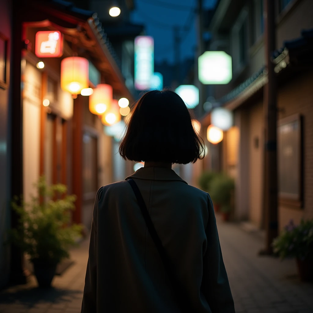 "Photo taken from behind of a young Korean woman with short bobbed hair, dressed elegantly, seen from the back on a Korean street at night, evoking a sense of travel."