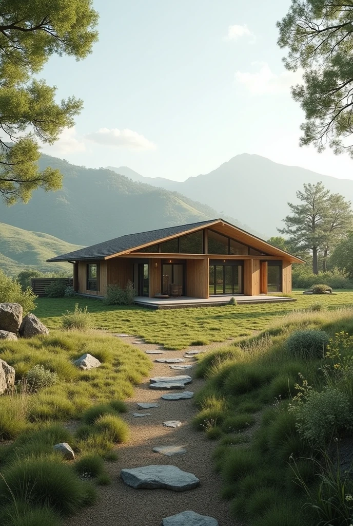 Give me the image of a house, away from the hustle and bustle of the city, lost in the landscape, with an architecture that evokes peace, Freedom, and security, that transmits calm, that allows the wind to pass through 