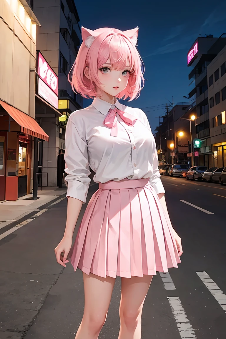 masterpiece, top quality, best quality, official art, beautiful and aesthetic,, , 1girl with cat ear, perfect figure, pink hair, complex details, secondary animation style, roadside, night, thinking, (white shirt, pink pleated skirt:1.5), lovely cat woman, crooked head, doubts ,
