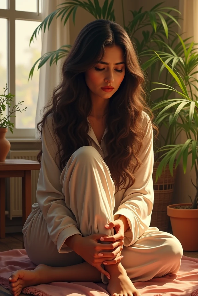beautiful pakistani woman, pressing her calf with hands, wearing qameez, pajama pants, long curly hair, indoors, soft lighting, plants in background, window with sunlight, cozy room, realistic, intricate details, warm colors, she has anxiety on her face