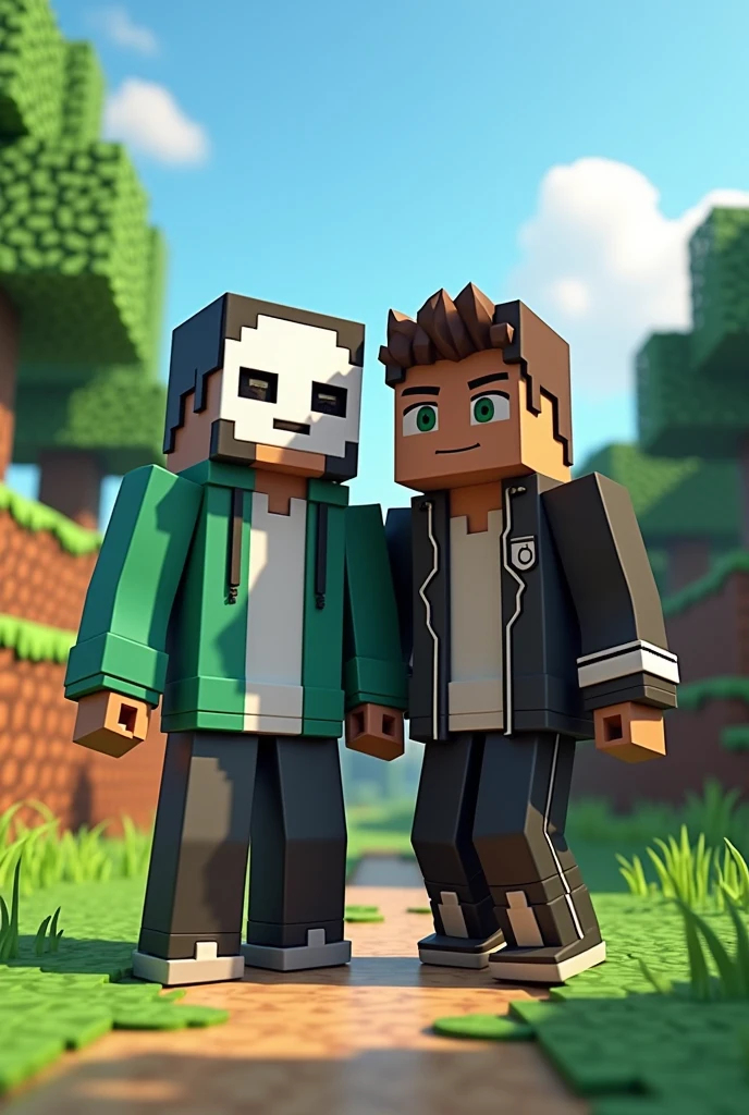 Create an image featuring two Minecraft characters as best friends. One character is inspired by Dream, wearing his iconic mask with a green and white hoodie. The second character represents Coolgamerplayz, with a stylish and unique outfit that stands out. They are standing side by side in a Minecraft landscape, surrounded by blocks, trees, and a bright sky, celebrating their friendship in the Minecraft world.