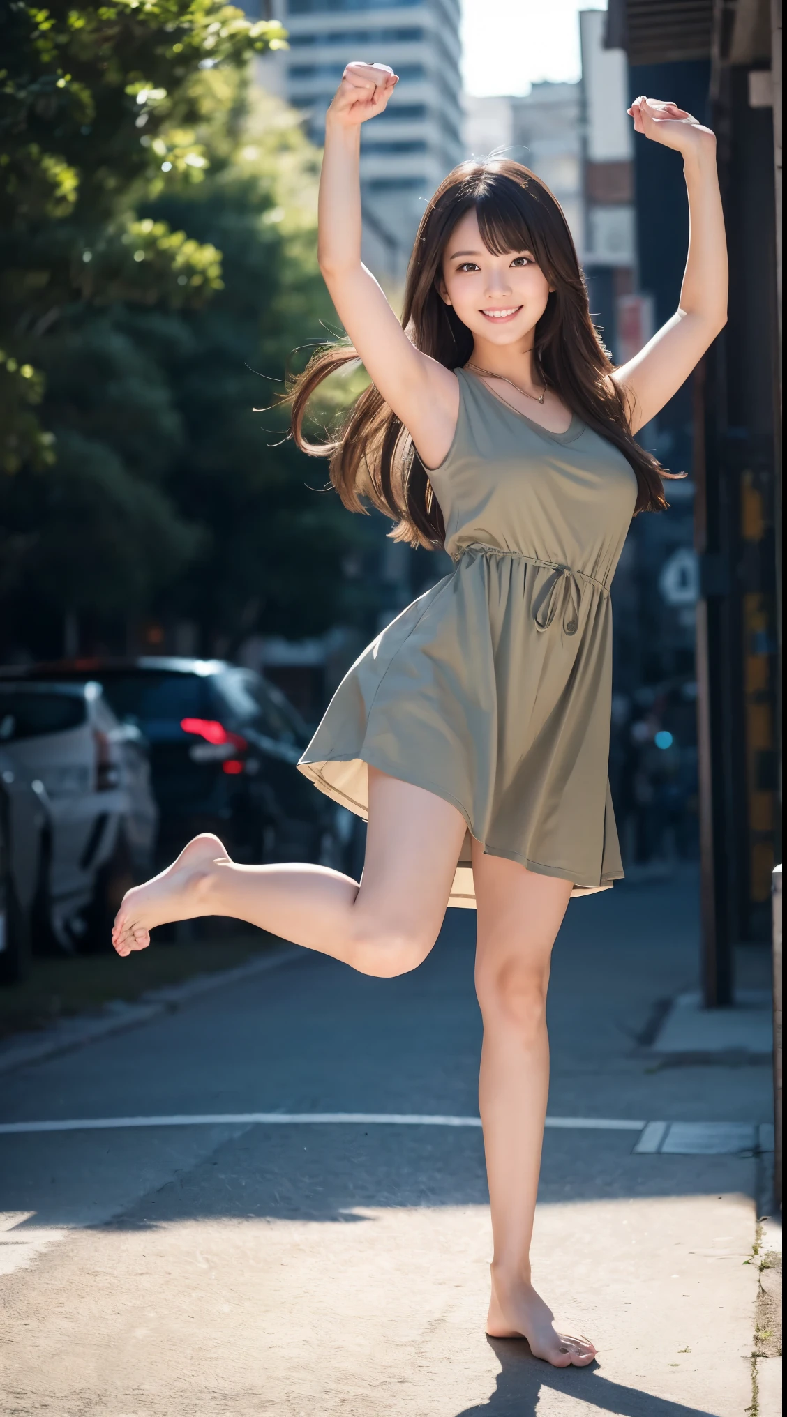 detailed、clear lines、Highest quality、masterpiece、Overnight parking、Dark Light、Canon Photo Crystal Clear、(Real:1.2)、(Olive Casual Dress)、Action pose、Fight、Karate techniques、(Kick with your legs up)、Take a full body photo、smile、Glamorous figure、Medium Long Hair