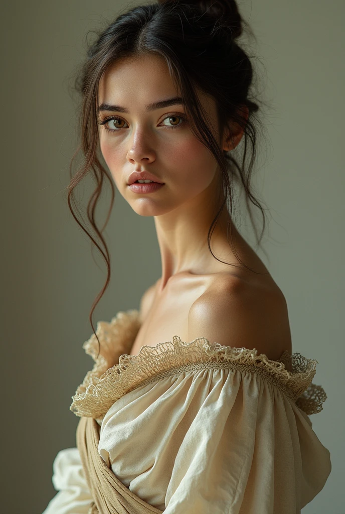 A girl from the 1900ad where the clothes were not invented posing for the photo, with photo realistic creation.