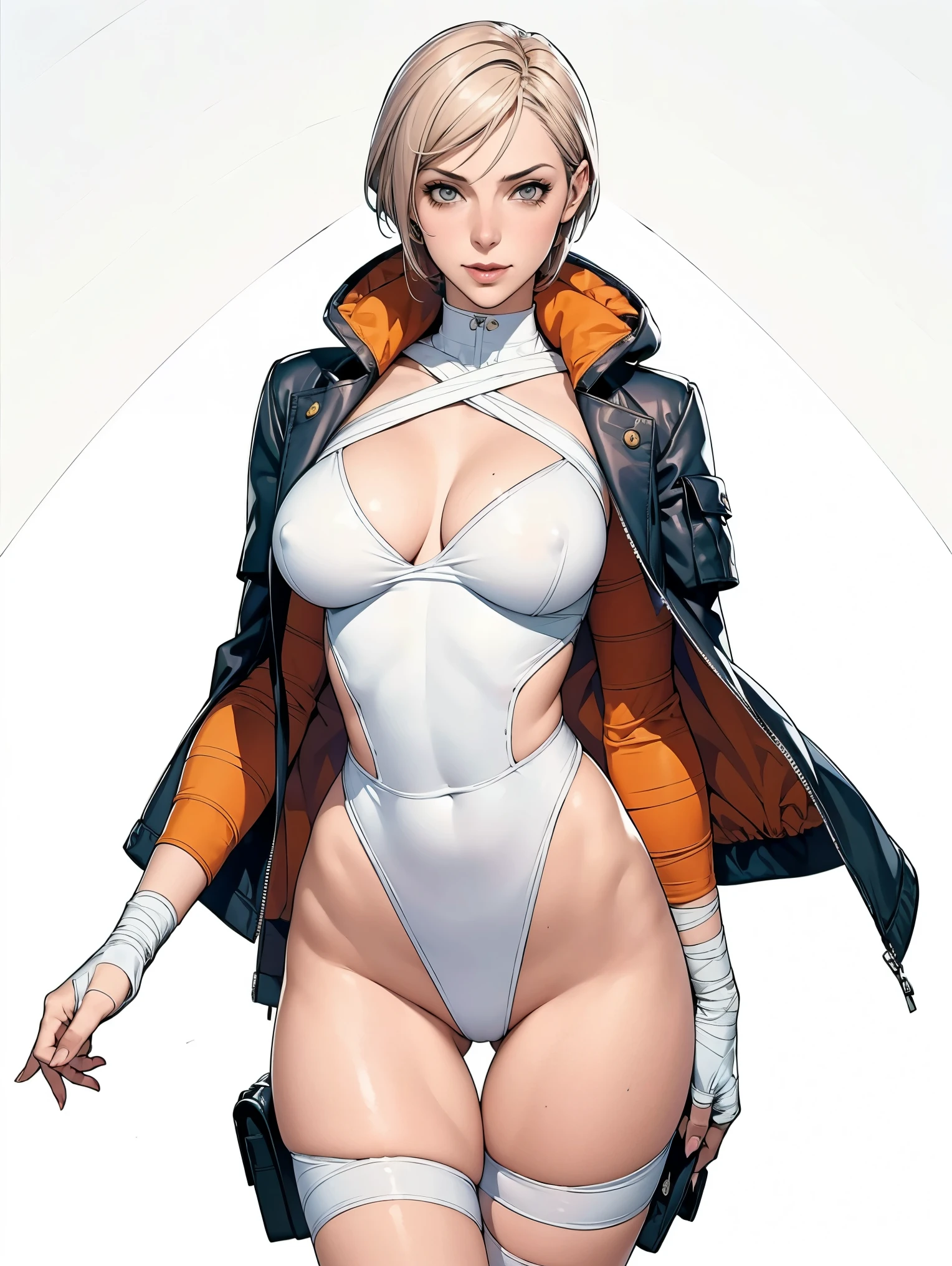 (((Annie Lennox))), (((colorful suit))), (scars), (((bandaged arms))), (((colorful clothes))) (( hood)), (((best quality: 1.4))), (Unbeatable masterpiece), (hyper HD),(CG 8k hyper-realistic), beautiful face, (((breasts big))), (((hyper feminine))), sexly girl, ((round face)), black tattoo,(ultra short red hair with white highlights)), ((( sculptural body ))), (((1 Kizi))), Kizi tatuada de 25 anos com perfect body, perfect hands, perfect fingers ,Beautiful and well-groomed face, (round face), muscular body:1.2,solid color detailed jacket, (Head to thigh photos), Complex equipment, ,Tight clothes,With white stars and off-white stripes,,,,,Armor Metal Electronic Parts, Poison tattoos ) INFO, Kizi, (((standing alone))), , 24歳, sexy, pose de attitude, work of art, dancing, ((slight smile)), post-apocalypse, (((manga style))), bounty hunter, the way you want, perfect body, roupa moderna, advanced technology, white, yellow accent, black, red accent, fur collar jacket, sleeves with vertical striped pattern, background city, (( cowboy shot )). intricate visual, narrow waist, (((wide hips))), wide hips, fit thighs, (((thigh gap))), Thigh gap, background shows a futuristic airplane, open expression, expression happy
