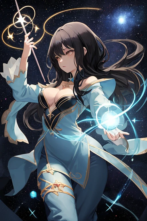 Woman, black hair, beautiful buttocks, small light blue magic dress, holding a magic wand, casting a spell, back angle, tight T-back pants, shooting star, thighs, large breasts