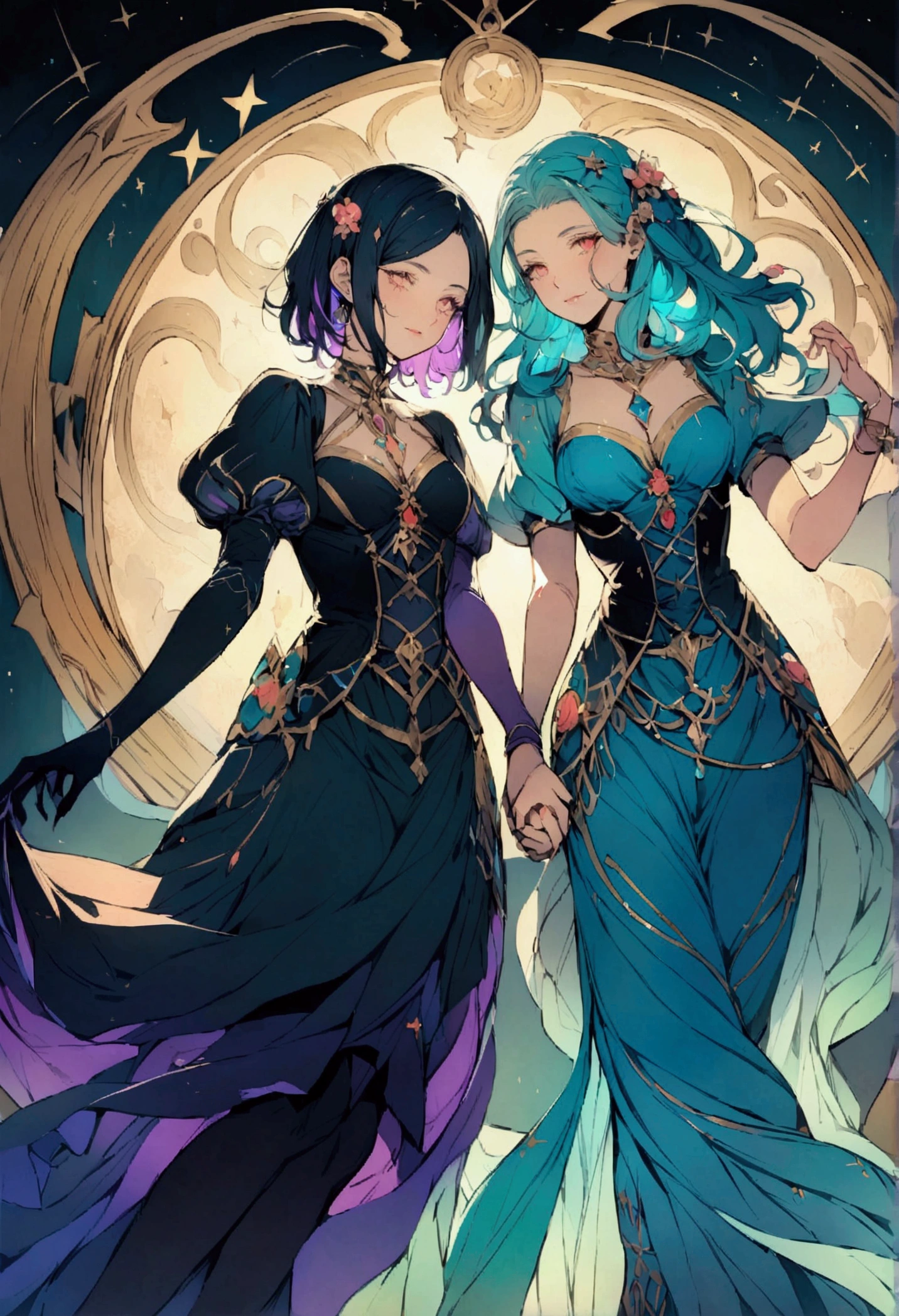 Make a picture of the Gemini zodiac sign then show their two beautiful faces holding hands with two devils underneath